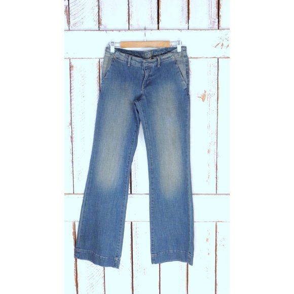 90s faded blue boot cut with slight flare low rise stretch denim jeans - Picture 2 of 5